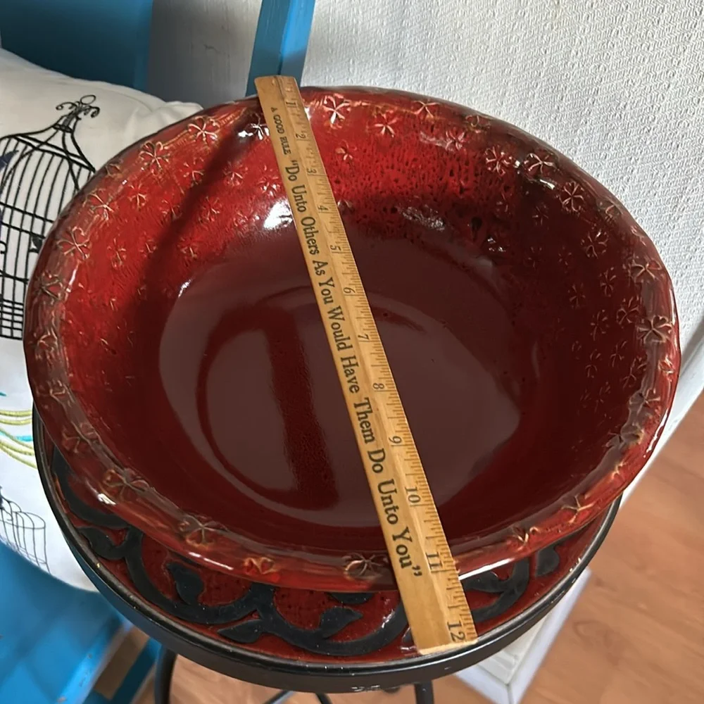 Burgundy Red ASIAN BLOSSOM Round STONEWARE SERVING BOWL